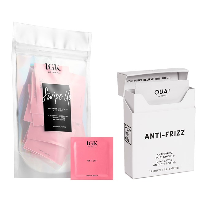 IGK Swipe Up No-Frizz Smoothing Hair Wipes; Ouai Haircare Anti-Frizz Hair Sheets