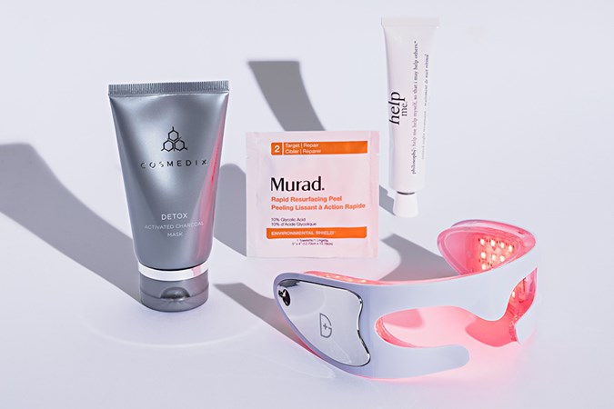 Cosmedix Detox Activated Charcoal Mask; Murad Rapid Resurfacing Peel; Philosophy
Help Me Retinol Night Treatment; Dr. Dennis Gross SpectraLite EyeCare Pro LED Device